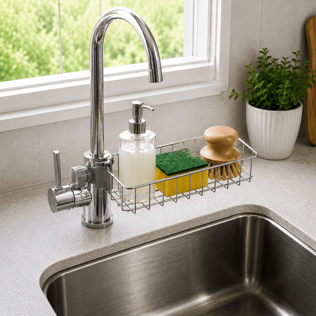 Stainless sink caddy clamped to a kitchen tap, holding soap, a sponge and a brush above the sink